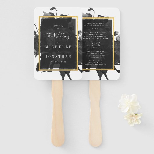 ブラック金ゴールドローズ結婚ブーケ ハンドファン (正面&裏面)