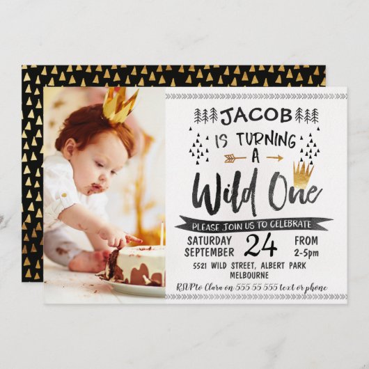 ブラック金ゴールドワイルドワンフォト1st誕生日招待状 招待状 (正面/裏面)