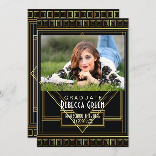 ブラック金ゴールドヴィンテージ素晴らしギャツビー卒業パーティー 招待状 (正面/裏面)