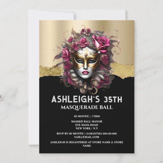 ブラック金ゴールド仮装ピンクローズマスク女エレガントの子 招待状 (正面)