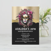 ブラック金ゴールド仮装ピンクローズマスク女エレガントの子 招待状 (スタンド正面)