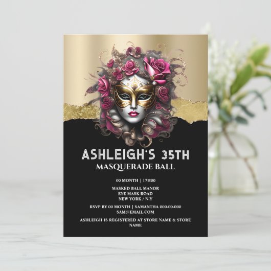 ブラック金ゴールド仮装ピンクローズマスク女エレガントの子 招待状 (スタンド正面)