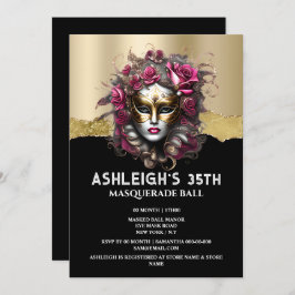 ブラック金ゴールド仮装ピンクローズマスク女エレガントの子 招待状
