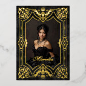 ブラック金ゴールド仮装フォトキンセアニェラ 箔招待状 (正面)