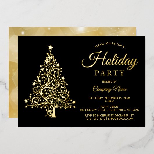 ブラック金ゴールド企業のツリーホリデーパーティー 箔招待状 (正面/裏面)