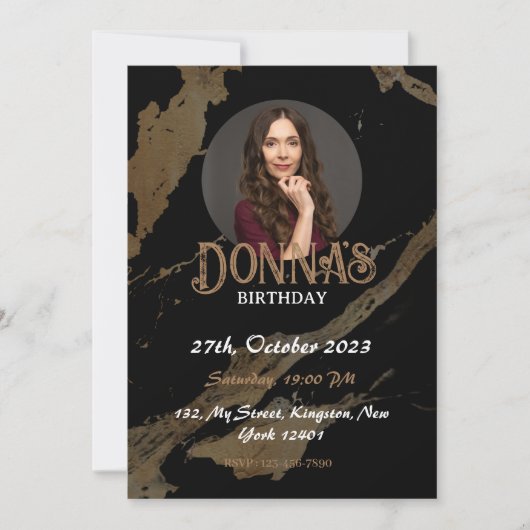 ブラック金ゴールド写真の誕生日パーティーへの招待 招待状 (正面)