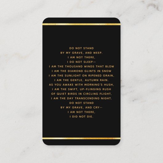 ブラック金ゴールド写真十字葬式祈りの言葉カード 名刺 (裏面)