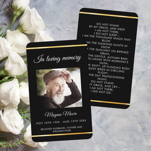 ブラック金ゴールド写真葬儀祈りの言葉カード 名刺