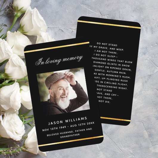 ブラック金ゴールド写真葬儀祈りの言葉カード 名刺