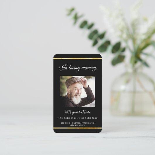 ブラック金ゴールド写真葬儀祈りの言葉カード 名刺 (スタンド正面)