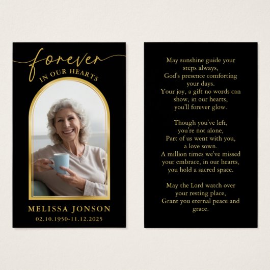 ブラック金ゴールド写真葬儀記念祈りの言葉カード (正面&裏面)