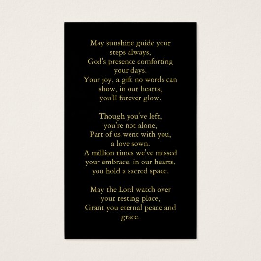 ブラック金ゴールド写真葬儀記念祈りの言葉カード (裏面)