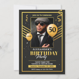 ブラック金ゴールド写真50th Birthday Party Invitation 案内状