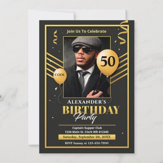 ブラック金ゴールド写真50th Birthday Party Invitation 案内状 (正面)