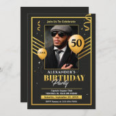 ブラック金ゴールド写真50th Birthday Party Invitation 案内状 (正面/裏面)