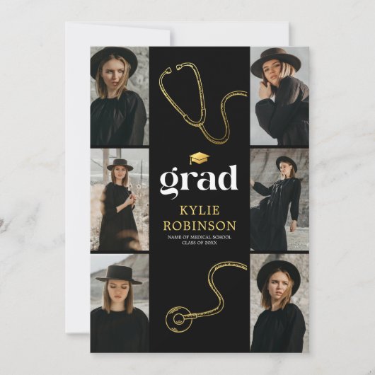 ブラック金ゴールド医療写真卒業パーティー 招待状 (正面)
