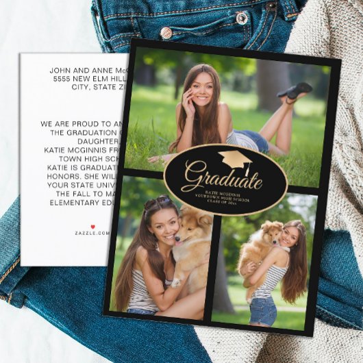 ブラック金ゴールド卒業写真クラス2024 案内ポストカード