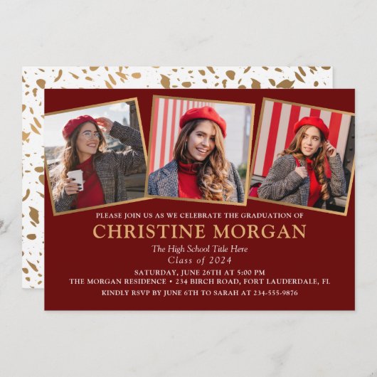 ブラック金ゴールド大学院写真卒業のお知らせ 招待状 (正面/裏面)