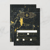 ブラック金ゴールド大理石アールデコ結婚ズ 出欠カード (正面/裏面)