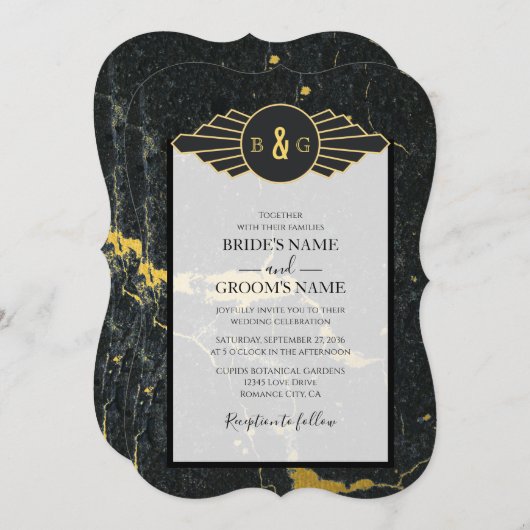 ブラック金ゴールド大理石アールデコ結婚ズ 招待状 (正面/裏面)
