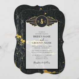 ブラック金ゴールド大理石アールデコ結婚ズ 招待状