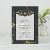 ブラック金ゴールド大理石アールデコ結婚式招待状 招待状 (スタンド正面)