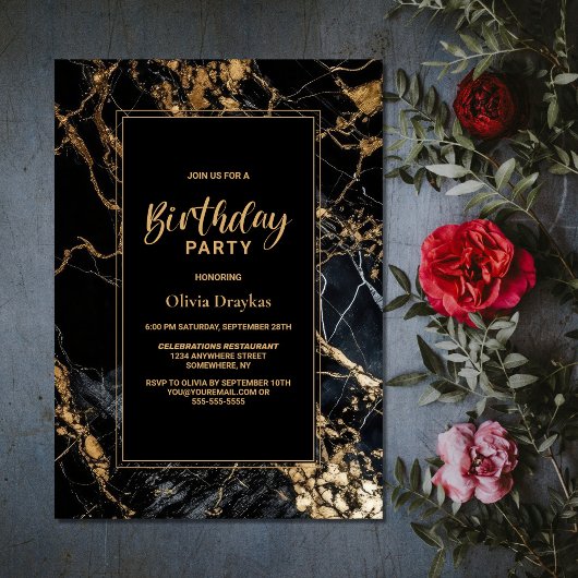 ブラック金ゴールド大理石Any Age誕生日パーティー 招待状