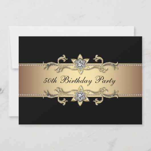 ブラック金ゴールド女性50番目の誕生日招待状 招待状 (正面)