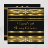 ブラック金ゴールド女性50thバースデーパーティー 招待状 (正面/裏面)