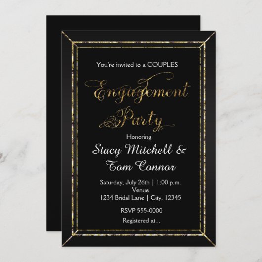 ブラック金ゴールド婚約パーティタイポグラフィ招待状 招待状 (正面/裏面)