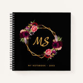 ブラック金ゴールド幾何学的ブルゴーニュフローラモノグラムシック ノートブック (正面)