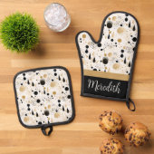 ブラック金ゴールド抽象芸術名前をカスタムするギフト 鍋つかみ&鍋敷きセット (トップダウン)