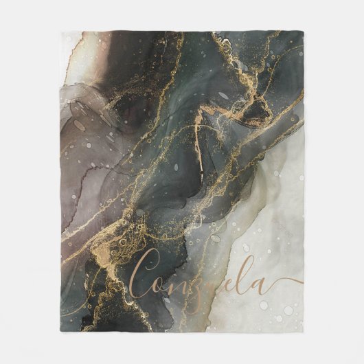 ブラック金ゴールド抽象芸術大理石 フリースブランケット (正面)