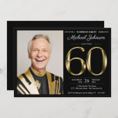 ブラック金ゴールド文字フォトサプライズ60thバースデーパーティー 招待状 (正面/裏面)