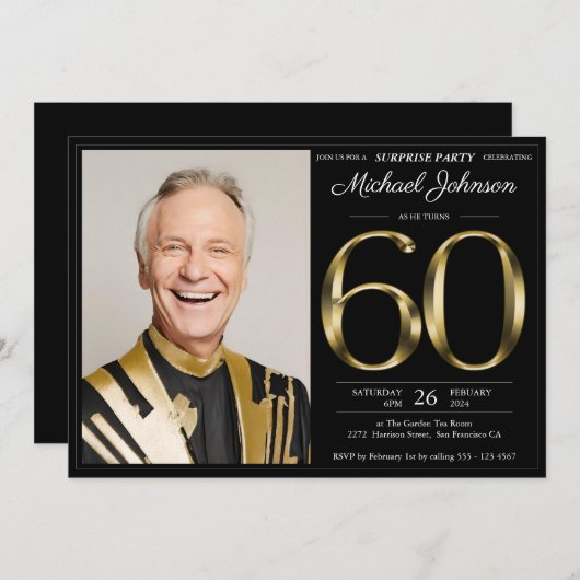 ブラック金ゴールド文字フォトサプライズ60thバースデーパーティー 招待状 (正面/裏面)