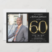 ブラック金ゴールド文字Classy写真60th誕生日パーティー 招待状 (正面)