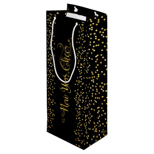 ブラック金ゴールド新年応援スクリプト雪モダン片 ワインギフトバッグ (裏面アングル)