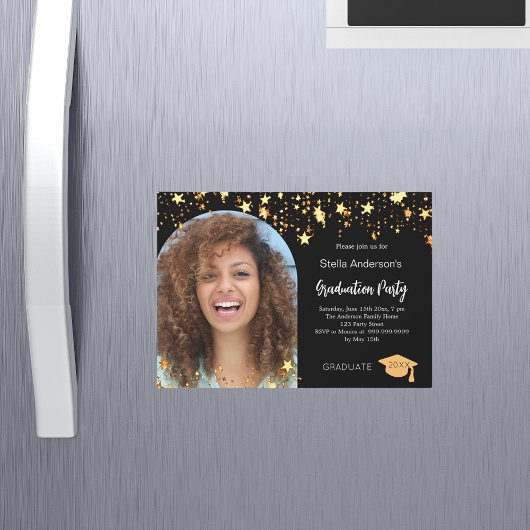 ブラック金ゴールド星写真アーチ卒業パーティー マグネット招待状