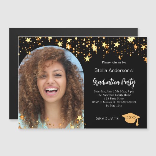 ブラック金ゴールド星写真アーチ卒業パーティー マグネット招待状 (正面/裏面)