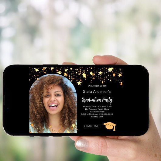 ブラック金ゴールド星写真アーチ卒業パーティー 招待状