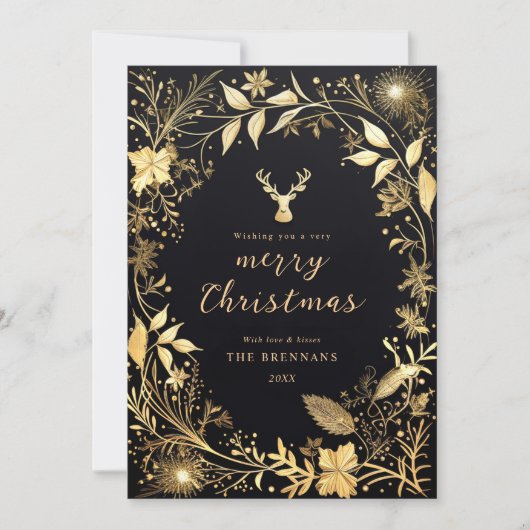 ブラック金ゴールド植物性フェスティバルスタイリッシュクリスマス シーズンカード (正面)