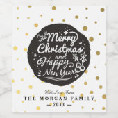 ブラック金ゴールド水玉模様クリスマス&新年スクリプト ワインラベル (シングルラベル)