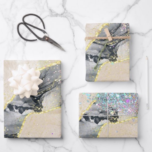 ブラック金ゴールド水色アルコールインクスパークリーグリッター ラッピングペーパーシート (正面)