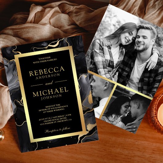 ブラック金ゴールド流体インクフォトコラージュ結婚ズ 招待状