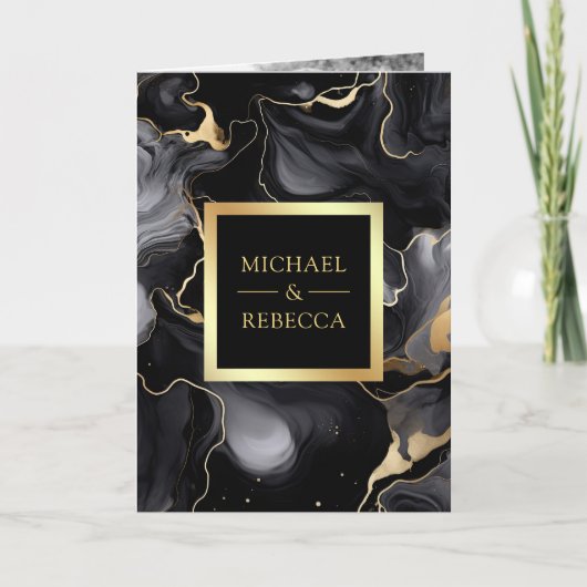 ブラック金ゴールド流体インクQRコードフォトコラージュ結婚ズ 招待状 (正面)