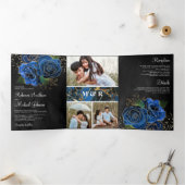 ブラック金ゴールド王室のブルーフローラフォトコラージュ結婚ズ 三つ折り招待状 (内部)