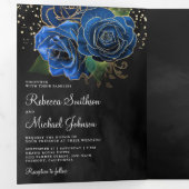 ブラック金ゴールド王室のブルーフローラフォトコラージュ結婚ズ 三つ折り招待状 (内部最初)