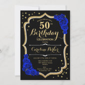 ブラック金ゴールド王室のブルー写真50誕生日 招待状 (正面)