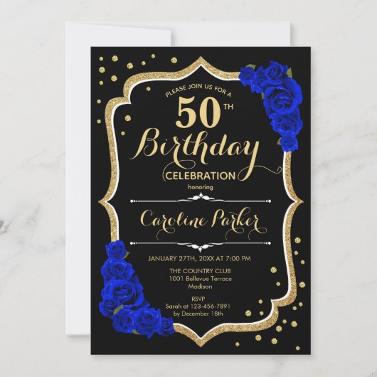 ブラック金ゴールド王室のブルー写真50誕生日 招待状 (正面)