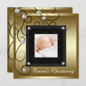 ブラック金ゴールド男の赤ちゃんガールフォト《キリスト教》洗礼式や命名式 招待状 (正面/裏面)